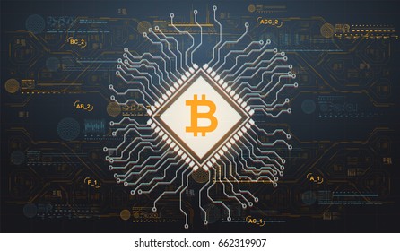Background with bitcoin in futuristic virtual space. Design concept with HUD user interface elements.