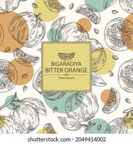 Hintergrund mit bitter Orange: Bigaradia Frucht, Blätter und bittere Orangenscheibe. Citrus aurantium.Citrus medica handgezeichnet Vektorgrafik