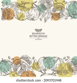Fondo con naranja amargo: fruta de la bigaradía, hojas y trozo amargo de naranja. Citrus aurantium.Citrus medicus ilustración de vector dibujada a mano