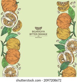 Fondo con naranja amargo: fruta de la bigaradía, hojas y trozo amargo de naranja. Citrus aurantium.Citrus medicus ilustración de vector dibujada a mano
