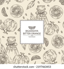 Background with bitter orange: bigaradia fruit, leaves, bitter orange slice and bottle of bigaradia essential oil. Citrus aurantium. Cosmetic, perfumery and medical plant. Vector hand drawn