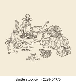 Background with bitter orange: bigaradia  fruit, leaves and bitter orange slice. Citrus aurantium. Oil, soap and bath salt . Cosmetics and medical plant. Vector hand drawn illustration