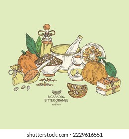 Background with bitter orange: bigaradia  fruit, leaves and bitter orange slice. Citrus aurantium. Oil, soap and bath salt . Cosmetics and medical plant. Vector hand drawn illustration