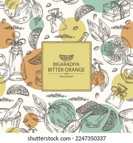 Background with bitter orange: bigaradia  fruit, leaves and bitter orange slice. Citrus aurantium. Oil, soap and bath salt . Cosmetics and medical plant. Vector hand drawn illustration