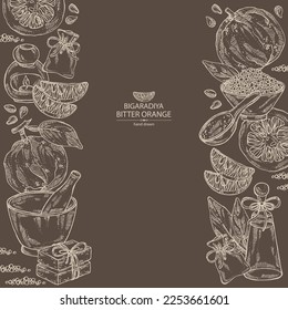 Fondo con naranja amargo: fruta de la bigaradía, hojas y trozo amargo de naranja. Citrus aurantium. Aceite, jabón y sal de baño. Cosméticos y plantas médicas. Ilustración dibujada a mano por el vector