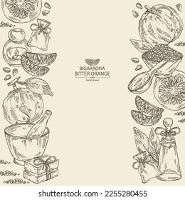 Background with bitter orange: bigaradia  fruit, leaves and bitter orange slice. Citrus aurantium. Oil, soap and bath salt . Cosmetics and medical plant. Vector hand drawn illustration