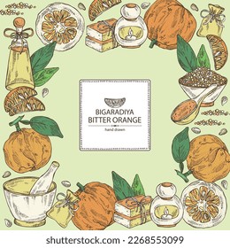 Background with bitter orange: bigaradia  fruit, leaves and bitter orange slice. Citrus aurantium. Oil, soap and bath salt . Cosmetics and medical plant. Vector hand drawn illustration