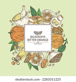 Fondo con naranja amargo: fruta de la bigaradía, hojas y trozo amargo de naranja. Citrus aurantium. Aceite, jabón y sal de baño. Cosméticos y plantas médicas. Ilustración dibujada a mano por el vector