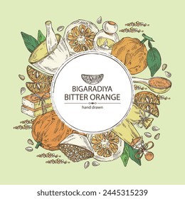 Hintergrund mit Bitterorange: Bigaradia-Frucht, Blätter und Bitterorange-Scheibe. Citrus aurantium. Öl, Seife und Badesalz. Kosmetik und Heilpflanze. Vektorgrafik Handzeichnung