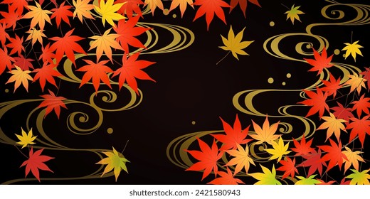 Background black of autumn leaves and running water ripples (2:1)