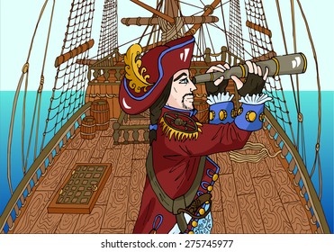 Background with black beard pirate captain wearing red hat and watching long glass on ships deck, hand drawn illustration 
