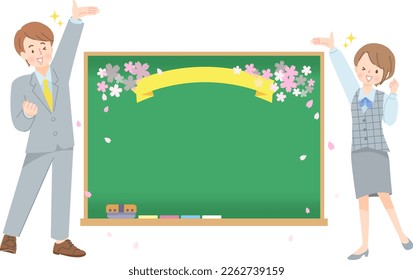 Background of black board with new society of men and women posing with guts