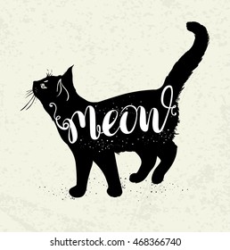 Background with black cat and lettering "Meow". Hand drawn vector illustration.