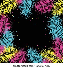 Background in black color with tropical leave of chamedorea palm. Leaves yellow pink blue.