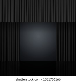 Background with black curtain. Design for presentation, concert, show. Vector illustration