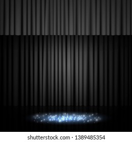 Background with black curtain. Design for presentation, concert, show. Vector illustration