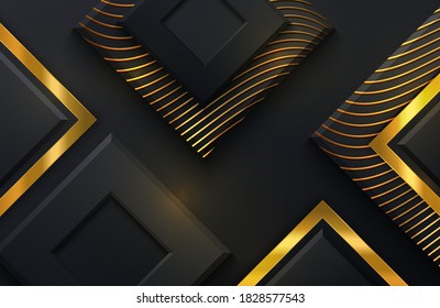Background with black diamond shapes. Abstract layered papercut decoration textured with golden element pattern. 3d backdrop with square shape layers. realistic 3d render vector illustration