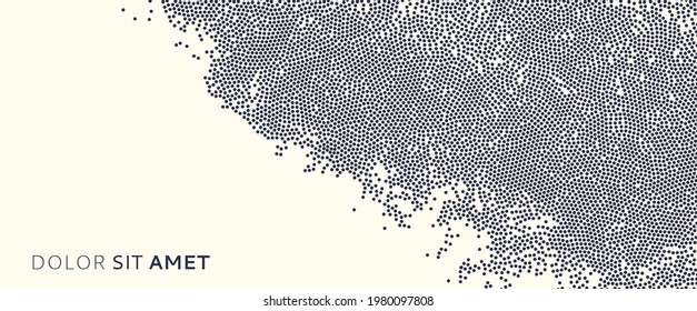 Fondo de puntos negros que se mueven al azar sobre el fondo. Concentración caótica y dispersión de pequeñas rondas. Plantilla con puntos. Banner elegante con manchas. Iluminación vectorial dinámica.