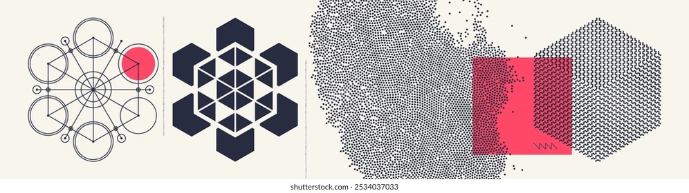 Background of black dots randomly moving on backdrop. Chaotic concentration and dispersion of small rounds. Simple geometric figure like circles and lines. Abstract mechanical scheme. Vector.