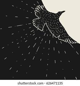 Background with black flying raven. Hand drawn inky bird.