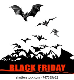 Background for Black Friday. Flat. Bats fly. On a black background red text. Vector illustration.