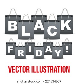 Background of Black Friday sales with letters in shopping bag. Vector Illustration isolated on white background.