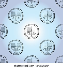 Background with black hand drawing hanukkah celebration symbols: menorah. Set of isolated chanukah ceremony decorative art elements on light blue backdrop