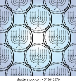 Background with black hand drawing hanukkah celebration symbols: menorah. Set of isolated chanukah ceremony decorative art elements on light blue backdrop