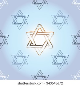 Background with black hand drawing hanukkah celebration symbols: david star. Set of isolated chanukah ceremony decorative art elements on light blue backdrop