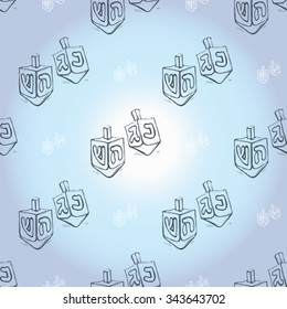Background with black hand drawing hanukkah celebration symbols: dreidel. Set of isolated chanukah ceremony decorative art elements on light blue backdrop