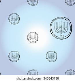 Background with black hand drawing hanukkah celebration symbols: menorah. Set of isolated chanukah ceremony decorative art elements on light blue backdrop