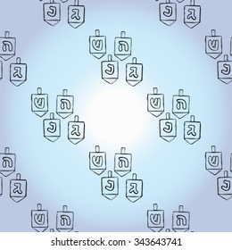Background with black hand drawing hanukkah celebration symbols: dreidels game and snow. Set of isolated chanukah ceremony decorative art elements on light blue backdrop