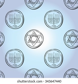 Background with black hand drawing hanukkah celebration symbols: david shield and menorah. Set of isolated chanukah ceremony decorative art elements on light blue backdrop