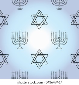 Background with black hand drawing hanukkah celebration symbols: candlestick and david star. Set of isolated chanukah ceremony decorative art elements on light blue backdrop
