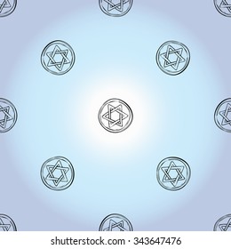 Background with black hand drawing hanukkah celebration symbols: david shield. Set of isolated chanukah ceremony decorative art elements on light blue backdrop