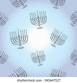 Background with black hand drawing hanukkah celebration symbols: candlestick. Set of isolated chanukah ceremony decorative art elements on light blue backdrop