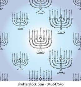 Background with black hand drawing hanukkah celebration symbols: candlestick. Set of isolated chanukah ceremony decorative art elements on light blue backdrop