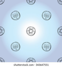 Background with black hand drawing hanukkah celebration symbols: david shield and menorah. Set of isolated chanukah ceremony decorative art elements on light blue backdrop