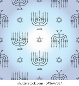 Background with black hand drawing hanukkah celebration symbols: candlestick and david star. Set of isolated chanukah ceremony decorative art elements on light blue backdrop