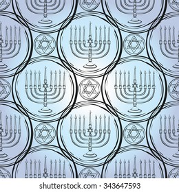 Background with black hand drawing hanukkah celebration symbols: david shield and menorah. Set of isolated chanukah ceremony decorative art elements on light blue backdrop