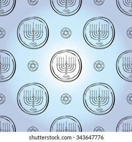 Background with black hand drawing hanukkah celebration symbols: david shield and menorah. Set of isolated chanukah ceremony decorative art elements on light blue backdrop