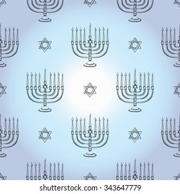 Background with black hand drawing hanukkah celebration symbols: candlestick and david star. Set of isolated chanukah ceremony decorative art elements on light blue backdrop