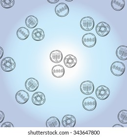Background with black hand drawing hanukkah celebration symbols: coin. Set of isolated chanukah ceremony decorative art elements on light blue backdrop