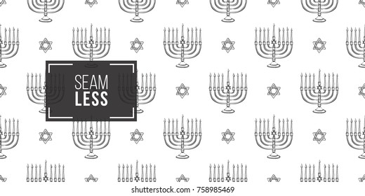 Background with black hand drawing hanukkah celebration symbols: candlestick and david star. Set of isolated chanukah ceremony decorative art elements on white backdrop