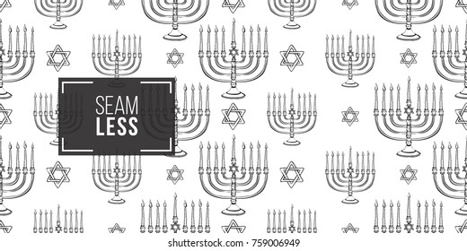 Background with black hand drawing hanukkah celebration symbols: candlestick and david star. Set of isolated chanukah ceremony decorative art elements on white backdrop