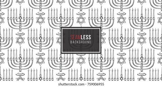 Background with black hand drawing hanukkah celebration symbols: candlestick and david star. Set of isolated chanukah ceremony decorative art elements on white backdrop