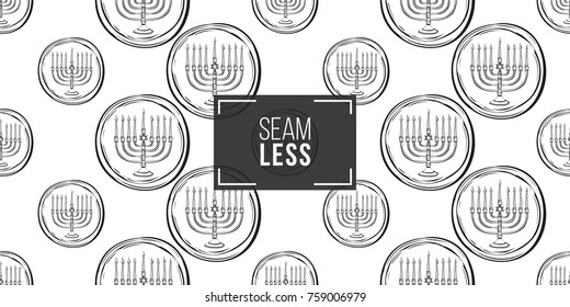 Background with black hand drawing hanukkah celebration symbols: menorah. Set of isolated chanukah ceremony decorative art elements on white backdrop