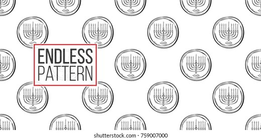 Background with black hand drawing hanukkah celebration symbols: menorah. Set of isolated chanukah ceremony decorative art elements on white backdrop