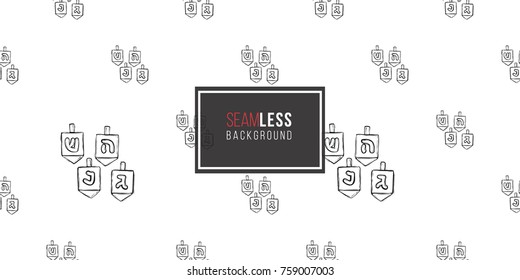 Background with black hand drawing hanukkah celebration symbols: dreidels game and snow. Set of isolated chanukah ceremony decorative art elements on white backdrop