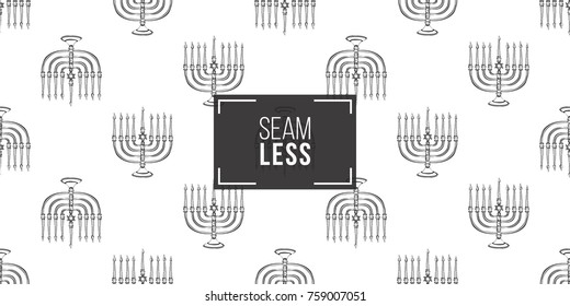 Background with black hand drawing hanukkah celebration symbols: candlestick. Set of isolated chanukah ceremony decorative art elements on white backdrop